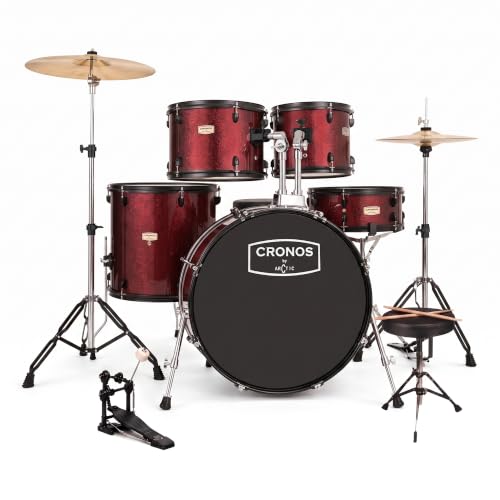 Image of ARCTIC CRONOS 5 Piece Complete Acoustic Drum Kit /Drumset with drumsticks, Cymbals and throne - Nickel Hardware. Best Sounding shells, most durable build, Professional level Configuration. (Red)