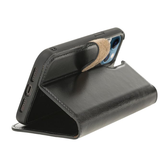 Custodia per iPhone 12 Pro Max (6,7 pollici) – Custodia in pelle Premium con funzione stand, custodia removibile, chiusura magnetica e tasca per carte – Bouletta Rustic Black