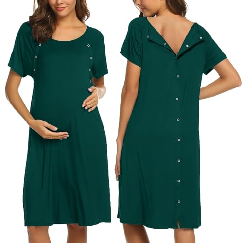 Image of Ekouaer Women’s Nursing/Delivery/Labor/Hospital Nightdress Short Sleeve Maternity Nightgown with Button S-XXL