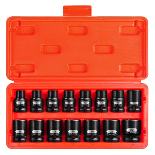 PGROUP 15-Piece 1/2' Drive Shallow Impact Socket Set, Metric Size (8-22mm) 12-Point Socket Set, CR-MO Steel for Automotive & DIY