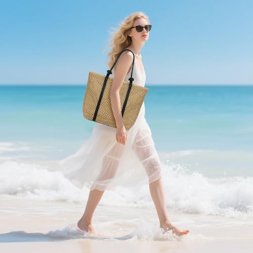 Image of MICOM Tote Bag-Beach Totes Bags for Women,Straw Bag,Straw Tote Bag,Totes Bags for Women, Lightweight Woven Beach Bag with Black Handles for Outdoor Travel