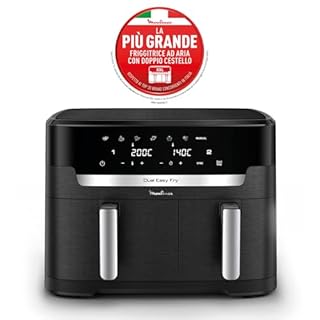 Moulinex Dual Easy Fry XXL, Friggitrice ad Aria 11 Litri, Doppio Cestello Antiaderente Lavabile in Lavastoviglie, Basso Consumo Energetico, 7 Modalità, App Ricette, Colore Nero, EZ9428
