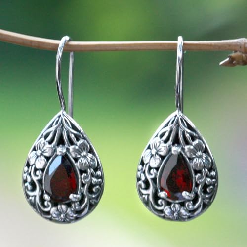 NOVICA Handmade Floral Garnet Earring | Sterling Silver Red Drop Dangle | Hypoallergenic Jewelry | Long Hook Wire | Artisan Crafted | Aurora Birthstone | Lovely Daisies 1.1"L x 0.5" W x 0.2" D2