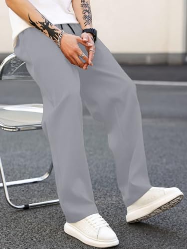 Image of MULAVRI Solid Drawstring Relexed Fit Modern Straight Leg Pants for Men's