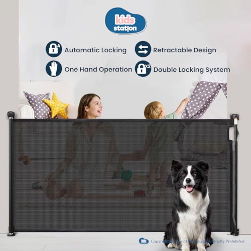 Image of Kids Station Retractable Safety Gate for Toddlers - Barrier Fence - Mesh Baby Gate for Door and Stairs - Retractable Mesh - Height 90cm or 2.9ft - Expandable to 140cm or 4.6ft (Black)