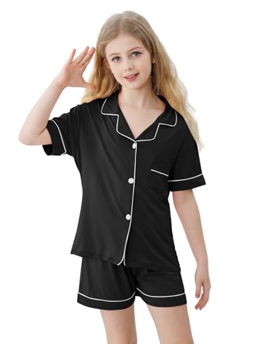 Umeyda Girls Pajamas Set, 2Pj Nightwear Button-Down Sleepwear for Kid 2 Piece Lounge Sets, Black, 5-6 Years = Tag 130