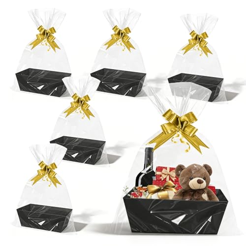 6 Stück Präsentkorb Leer Pappe: Geschenkkörbe leer mit Griff 25x17x9cm Geschenkkorb leer für Geburtstag Hochzeit Valentinstag Weihnachten Erntedankfest Ostern Halloween Schwarz