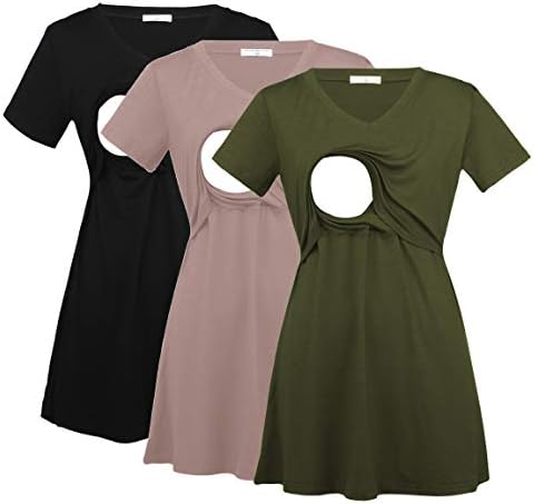Bearsland Womens 3 Packs V Neck Nursing Tops Maternity Breastfeeding Tee Shirts,Black+ArmyGreen+Brown,M