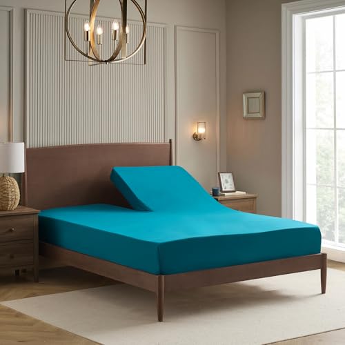 Image of Split Head King Sheets Set for Adjustable Beds 4 Piece Flex Top Bed Sheets - Deep Pocket Split Top Fitted Sheet with Built-in Corner Straps, Luxury Soft Cooling Bedding, Wrinkle Resistant, Teal