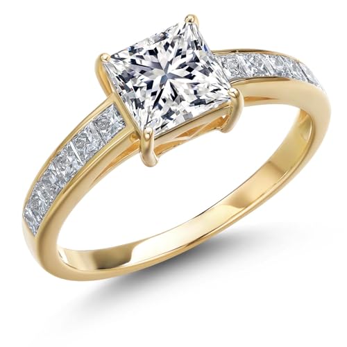 Gem Stone King 2.00 Cttw Princess Cut Lab Grown Diamond Engagement Ring For Women | 14K Yellow Gold | IGI Certified | Center Diamond 1.30 Ct | D-E Color | VS1-VS2 | Wedding Anniversary Ring | Size 8