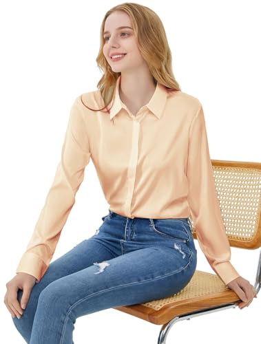 Women's Satin Blouse Fashion Long Sleeve Satin Silk Shirt Work Office Top Casual Shirt3