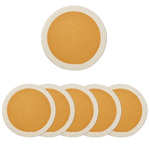Image of Dining Table Mats Set of 6 | Cotton Table Mat 32 cm Diameter, Encasa XO Washable Round Table Mats, Heat Resistance Dining Table Placemats, Handmade Ribbed Style for Centre Table, Yellow & Off White