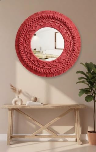 Image of Handmade Cotton Macrame Wall Hanging Glass Mirror with Boho Fringes, Bohemian Art Decorative Aina for Make-Up, Living Room, Bedroom (Tomato RED)