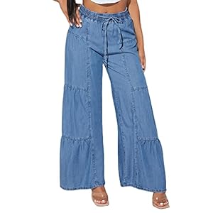 Floerns Women's Casual Paper Bag Pants Drawstring Waist Belted Wide Leg Trousers Blue W26 L32