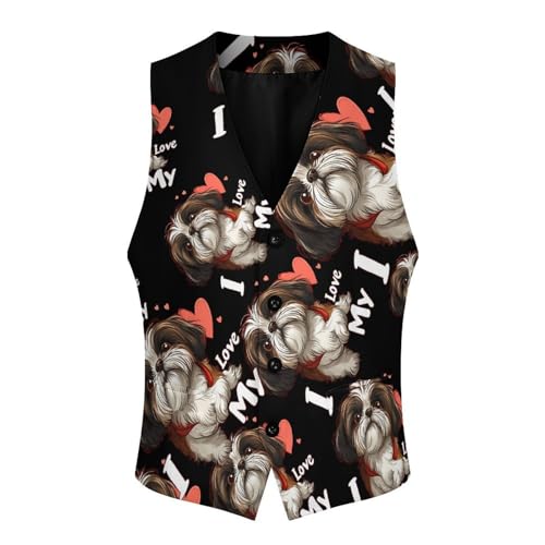 I Love My Shih-Tzu Men's Suit Vests Business Formal Dress Vest V-Neck Waistcoat for Wedding Casual4