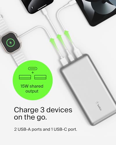 Image of Belkin Portable Charger, USB-C Power Bank 20000 mAh w / 1xUSB-C Port & 2xUSB-A Ports, 15W w /Type-C to Type-A Cable for iPhone 17, Samsung Galaxy S25, Nintendo Switch 2, Google Pixel 10, etc. - Silver