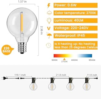 Outdoor String Lights 100FT,G40 50+2 Bulbs Festoon Lights Outdoor - 2700K Warm White, 25000H Long Life, IP45 Waterproof & Shatterproof, Mains Powered Garden Lights for Gazebo/Pergola