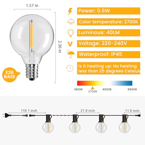 Outdoor String Lights 100FT,G40 50+2 Bulbs Festoon Lights Outdoor - 2700K Warm White, 25000H Long Life, IP45 Waterproof & Shatterproof, Mains Powered Garden Lights for Gazebo/Pergola