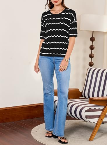 EVALESS Womens Short Sleeve Sweaters Spring Summer Crochet Knit Tops Crewneck Striped T Shirts Casual Blouses for Women4