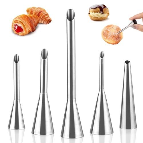 NLONLL 5 Pcs Cream Icing Piping Nozzles Long Puff Nozzles Tips Cream Filling Tubes Cupcake Filler Nozzle Puff Decorating Tool Kit for Cupcakes, Cakes, Donuts, Cookies, Pastries