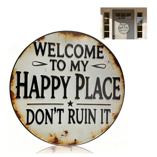 Wall Art Signs Vintage Decor-Welcome To My Happy Place,Home Decor Door Signs For Front Door,Fun Vintage Decor Wall Art Happy Place For Kitchen Cafe Bar Club Patio Porch，8x8 Inch Round Aluminum Sign