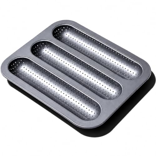 FAQQI Metal Sub Roll & Hoagie Roll Baking Pan 12 inch 3-Slot Perforated French Bread & Mini Baguette Pan Nonstick Carbon Steel Bread Baking Tray for Homemade Subs & Sandwich Rolls