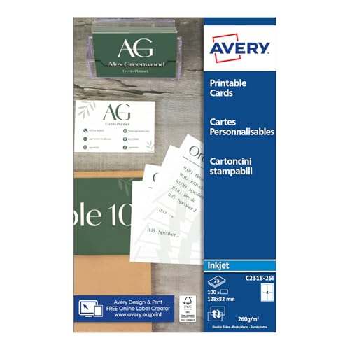 AVERY - Pochette de 100 cartes de correspondance à bords lisses imprimables recto/verso. En carte blanche mate 260g/m². Format 128 x 82 mm. Impression jet...