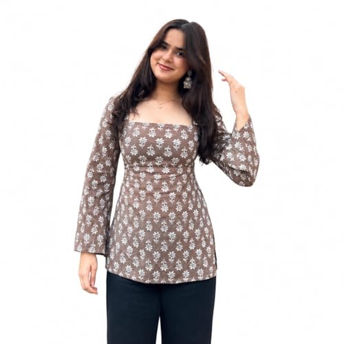 Image of Women's Rayon Printed Short Kurti | Straight Fit Casual Ethnic Top | Square Neck Full Sleeve Ladies Kurti Office College