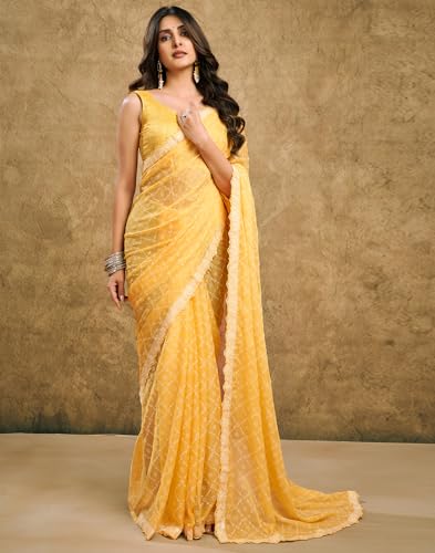 Image of SIRIL Women's Chiffon Bandhani Printed Saree With Unstitched Blouse Piece