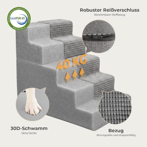 Sytopia Hundetreppe 5 Stufen, 57 cm hoch, bis 40 kg, Haustiertreppe für kleine/mittelgroße Hunde und Katzen, Katzentreppe für hohes Bett und Boxspringbett, 30D Schaumstoff, rutschfest, Grau