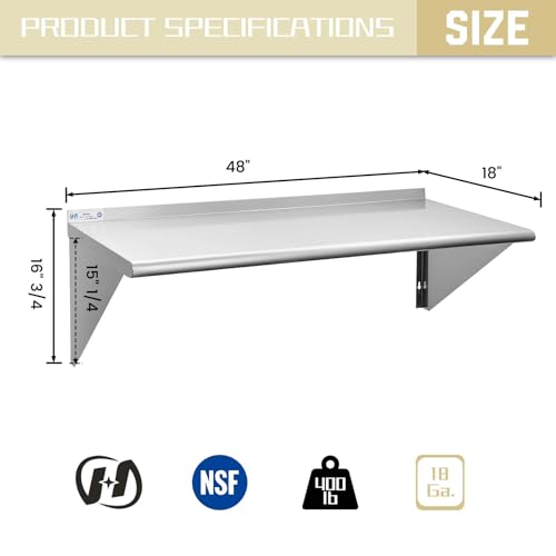Image of HALLY SINKS & TABLES H Stainless Steel Shelf 18 x 48 Inches, 400 lb, Commercial Wall Mount Floating Shelving for Restaurant, Kitchen, Home and Hotel