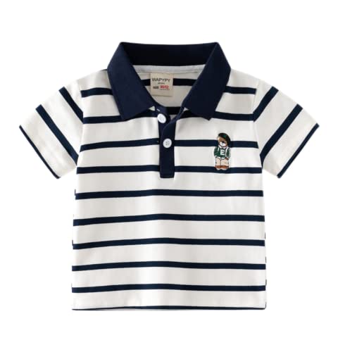 Toddler Baby Boys Summer Striped Short Sleeve Polo Shirts Casual Cute Comfy Cotton Stand Collar Outfits Clothes (White,90/18-24 M,Unisex,Big Kid,US,Age,18 Months,24 Months)