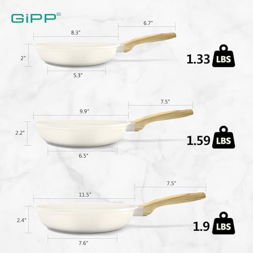 Image of GiPP Non Stick Frying Pan Set - 8 inch 9.5 inch 11 inch Granite Nonstick Pan Skillet, Non Toxic Pans for Cooking, Omelette Pan with Stay Cool Handle, Induction Compatible, PFAS /PTFE /PFOA Free, White