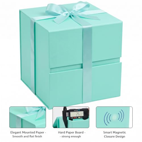 Image of LIFELUM Green Blue Gift Box with Magnetic Lid 10.2 x 10.2 x 10.2 inch, 1 Pack Square Gift Box with Shredded Paper Filler, Greeting Card, Ribbon for Presents, Birthday, Bridal Gifts, Wedding