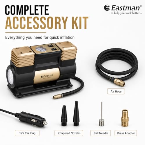Image of EASTMAN Double Cylinder Air Compressor 12V ? 150 PSI Heavy Duty Tyre Inflator Pump with 60L /Min Flow, LED Light & Battery Alligator Clamps for SUVs, Trucks & Cars (EAC-60150N)
