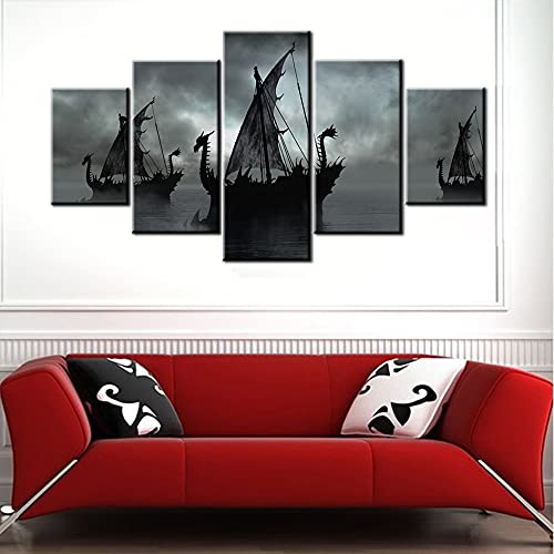 Norse Decor Black And White Painting Vikings Ship Artwork Fantasy Sailing Boat Pictures For Living Room Home 5 Panel Dragon Canvas Wall Art Modern Framed Ready To Hang Posters And Prints(60''Wx32''H) #TOP2
