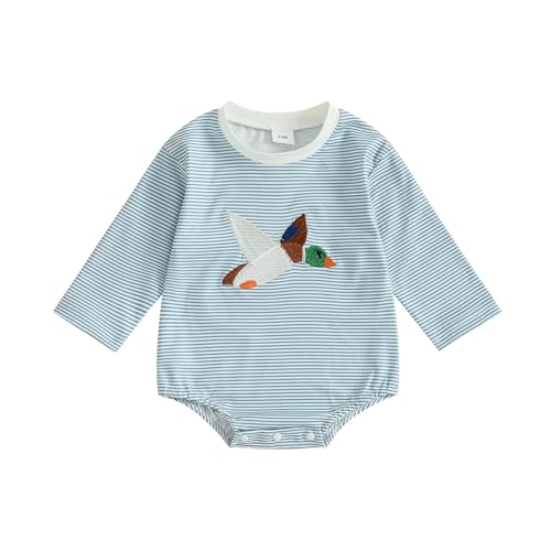 Image of Suolongsama Infant Baby Boy Girl Sweatshirt Romper Mallard Duck Long Sleeve Oversized Striped Bodysuit Fall Hunting Clothes
