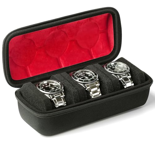 3 slots Watch travel case,Hard watch roll, travel watch case organizer holder with form-fitting pillow, red microfiber lining, fit large and small watches, perfect for travel and home.