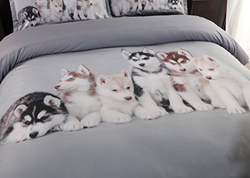 Ammybeddings 4 Pcs Soft Grey Duvet Covers Set, Huskies Print Comforter Cover, Modern And Luxury Design, Including 1 Duvet Cover, 1 Bed Sheet And 2 Pillow Shams Twin Size #TOP4