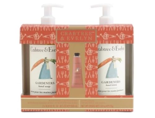 CRABTREE & EVELYN Gardeners 3-Piece Hand Care Gift Set – Hand Wash, Hand Lotion & Hand Cream – Nourishing Botanical Skincare – Boxed Gift Set for Home or Gifting
