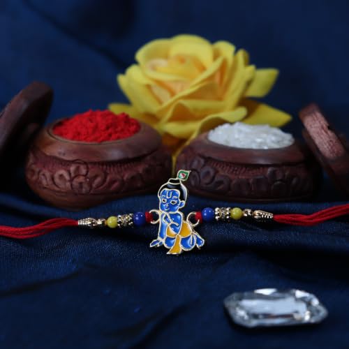 Image of Oblivion Designer Kids Bal Gopal Ji Rakhi for Brother with Choco Beats Chocolate 32gm, Pooja Coin, Roli Chawal & Card | Rakhi with Chocolate Combo for Raksha Bandhan
