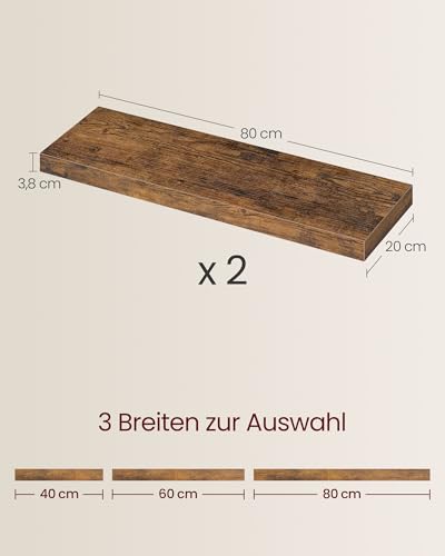 VASAGLE Wandregal, 2er Set, Schweberegal, Regalbrett, 20 x 80 x 3,8 cm, Wandboard für Bilderrahmen, Deko, Regal für Wohnzimmer, Arbeitszimmer, Küche, vintagebraun LWS28BX-2