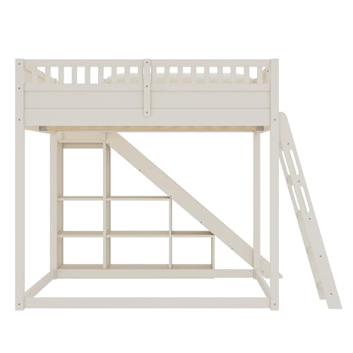 Image of Bellemave Bunk beds Full Over Full with Slide and Stair and headboard, Low bunk /loft Bed for Kids,Beige