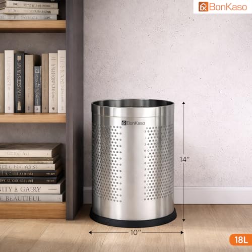 Image of Bonkaso 18L Stainless Steel Perforated Dustbin (10x14 Inch), Open Top Trash Bin Without Lid, Rust Proof & Durable Garbage Can for Home, Kitchen, Bathroom & Office Use, Silver Finish
