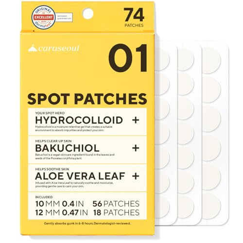 Caraseoul Pickel Patches – Dermatologisch getestete Hydrokolloid-Aknepflaster in 2 Größen (10 mm,12 mm) zur Abdeckung von Pickeln, Mit Bakuchiol & Aloe Vera, Pimple Patches, Korean Skincare (74 Stück)