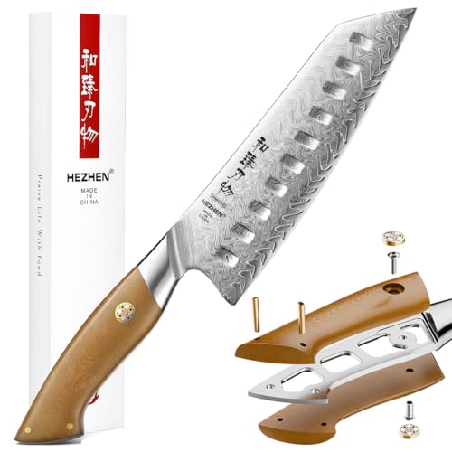 HEZHEN Damascus Santoku Knife, 7 Inches, 67 Layers Damascus Steel Kitchen Knife, Ultra Sharp Blade, Japanese Chef Knife for Professional Chefs and Home Cooking, Linen Micarta Handle, Gift Packing
