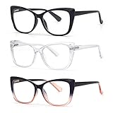 Autojouls 3-Pack Reading Glasses for Women，Oprah Style Frame Spring Hinge Clear Lens Readers Glasses, Black BlackPink Transparent 2.0 x