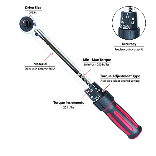 PERFORMANCE TOOL M197 3/8" Drive 25" Dual Scale Audible Click Precision Ratchet Torque Wrench, Black/Red, 30-250 in/lb - Image 2