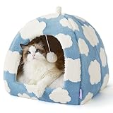 Lesure Cute Cat Beds for Indoor Cats - 2 in 1 Large Cat Cave Bed for Puppy and Small Dog with Removable Washable Cushioned Pillow, Cozy Kitten Tent with Non-Slip Bottom, Blue, 17.3 inches