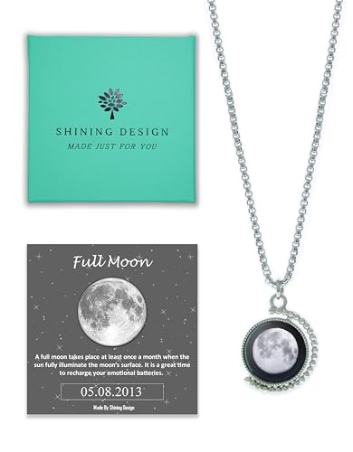 3D Custom Birth Moon Phase Necklace Jewelry with Gift Box - Rotatable Silver Double-Sided Moon Pendant Design, Perfect Jewelry Gift for Special Date, Birthday, Anniversary, Mother’s Day